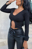 Black O Neck Long Sleeve Solid Tops