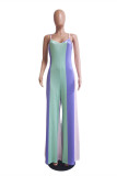 Blue Pink Sexy Casual Striped Print Backless Spaghetti Strap Regular Jumpsuits