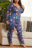 Navy Blue Sexy Living Polyester Knitting Print Buttons V Neck Skinny Jumpsuits