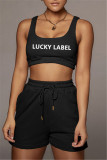 Black Casual Sportswear Letter Embroidered U Neck Sleeveless Two Pieces