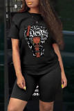 Black Fashion Casual Print Basic O Neck Short Sleeve Two Pieces