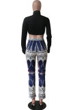 Multi-color Polyester Elastic Fly Mid Patchwork Print Boot Cut Pants Pants