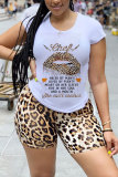 Yellow Fashion Casual adult Leopard Letter Patchwork Print Two Piece Suits Lips Print pencil Short Sleeve Two Pieces