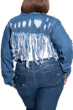 Dark Blue Denim Fashion adult Ma'am Street Turndown Collar Solid Hole washing Tassel Plus Size