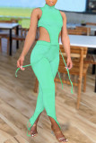 Pink Fashion Sexy Solid Asymmetrical Turtleneck Sleeveless Two Pieces