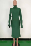Green Polyester Sexy Bell sleeve Long Sleeves Turtleneck Step Skirt Mid-Calf asymmetrical Solid Patchwork