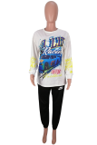 White Casual Print Pullovers O Neck Tops