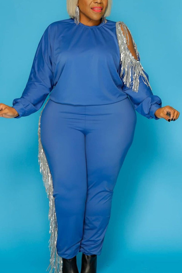 Blue Daily Solid Tassel O Neck Plus Size