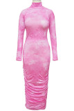 Pink Polyester OL Long Sleeves Turtleneck Hip skirt Ankle-Length Print Draped Dresses