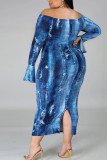 Blue Sexy Casual Twilled Satin Tatting Patchwork Print Ripped Split Joint Slit Bateau Neck Pencil Skirt Plus Size 