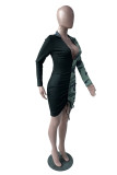 Blue Sexy Print Patchwork V Neck Wrapped Skirt Dresses