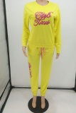 Yellow Solid Embroidered Patchwork O Neck Long Sleeve Two Pieces
