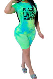 Green Fashion Casual adult Ma'am Print Gradient Two Piece Suits pencil Short Sleeve Two Pieces