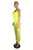 Fluorescent Green Sexy Solid Mesh Square Collar Sleeveless Two Pieces