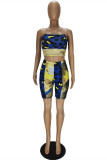 Deep Blue Fashion Sexy Print Patchwork Backless Spaghetti Strap Sleeveless Two Pieces