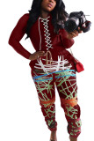 Wine Red Sexy Polyester Print Bandage O Neck Long Sleeve Regular Sleeve Regular Two Pieces
