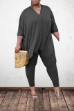 Grey Polyester Sexy V Neck Solid Plus Size