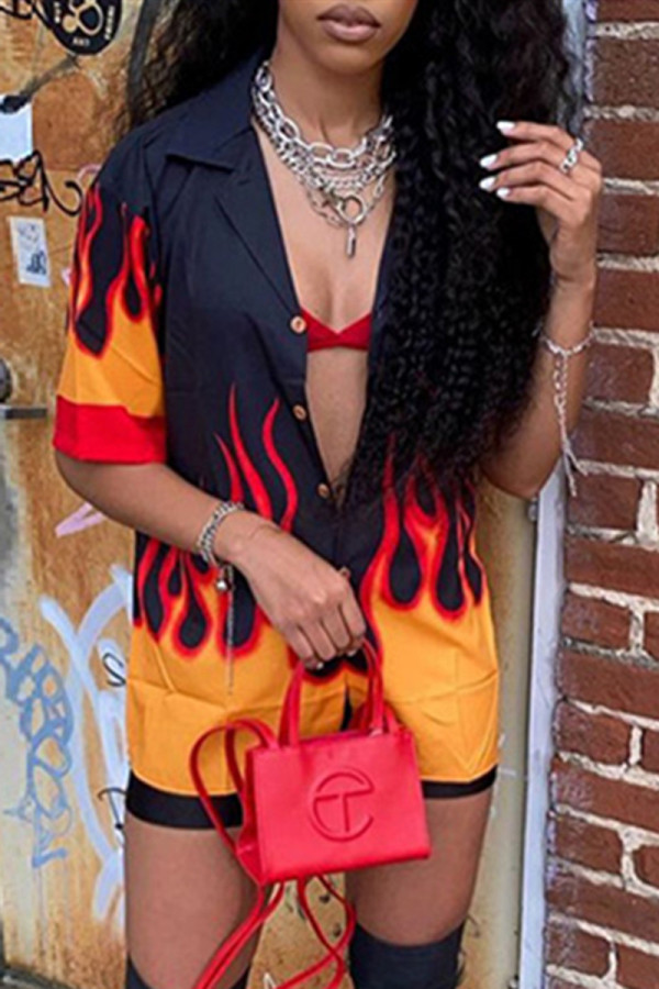 Black Fashion Casual Print Basic Turndown Collar Short Sleeve Two Pieces