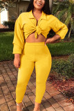 Yellow Milk Silk Fashion Active adult Ma'am Solid Two Piece Suits pencil Long Sleeve Two Pieces