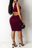 Burgundy Sexy Solid Hollowed Out Cross Straps Asymmetrical V Neck Sleeveless Two Pieces