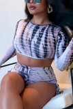 White Fashion Sexy Print Basic O Neck Long Sleeve Two Pieces