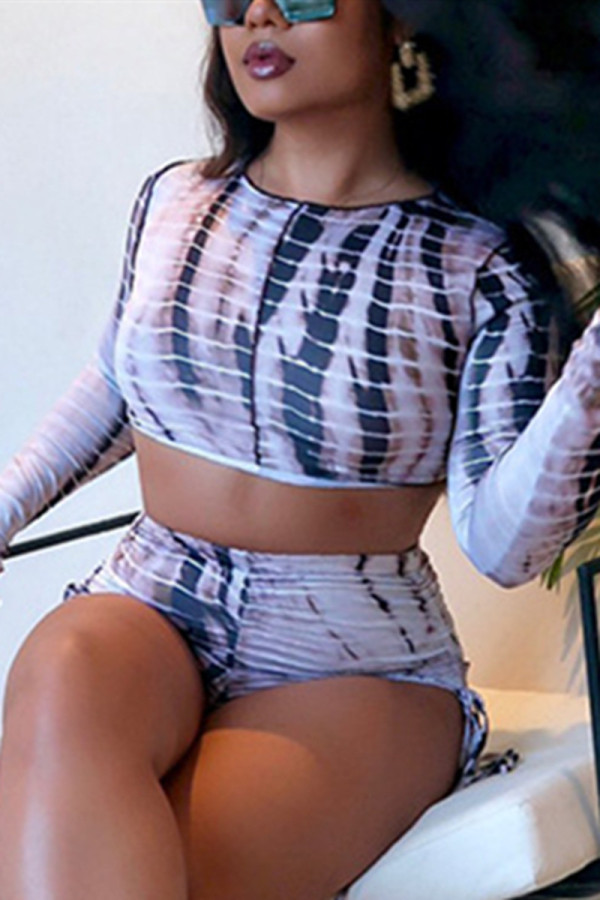 White Fashion Sexy Print Basic O Neck Long Sleeve Two Pieces