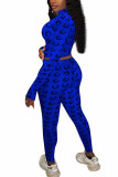 Royal blue Fashion Sexy adult Ma'am Patchwork Print Two Piece Suits pencil Long Sleeve Two Pieces