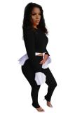 Black Polyester Casual Fashion adult Patchwork asymmetrical Solid Two Piece Suits Straight Long Sleeve