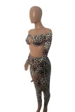 Multicolor Sexy Print Leopard Hollowed Out Backless Off the Shoulder Long Sleeve Two Pieces
