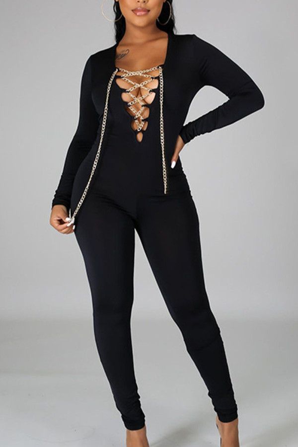 Black Sexy Solid Metal Accessories Decoration V Neck Skinny Jumpsuits