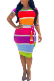 Multi-color Polyester Fashion adult OL Multi-color Cap Sleeve Short Sleeves O neck Step Skirt Knee-Length Striped Print Patchwork bandage backless hollow out Dresses