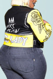 Yellow Fashion Street Adult Polyester Letter Print Rivets Letter Turndown Collar Plus Size