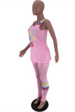 Pink Casual Sportswear Letter Print Vests Pants U Neck Sleeveless Two Pieces