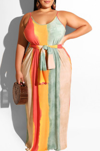 Apricot Polyester Fashion Casual Slip Striped Plus Size