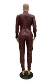 Wine Red Fashion Sexy bandage Solid PU Long Sleeve Turndown Collar Jumpsuits