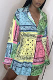 Colour Sexy Print Patchwork Turndown Collar Pencil Skirt Dresses