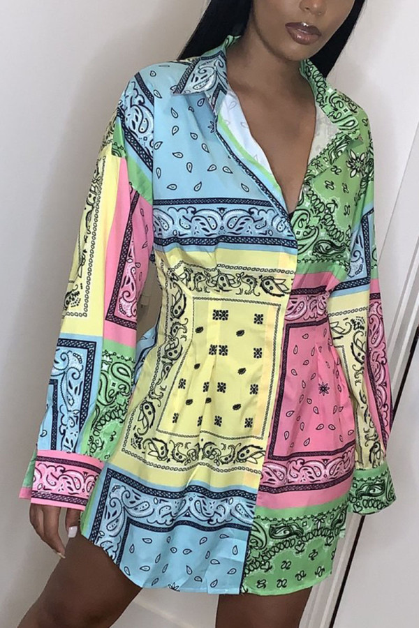 Colour Sexy Print Patchwork Turndown Collar Pencil Skirt Dresses