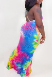 Orange Polyester Fashion Sexy adult Ma'am Pink Orange purple Off The Shoulder Sleeveless Slip Swagger Floor-Length Print Tie and dye Dresses