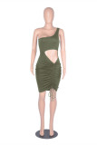 Blue Fashion Sexy Solid Hollowed Out One Shoulder Sleeveless Dress