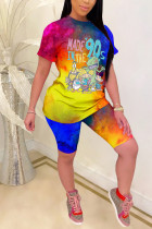 Orange Polyester Fashion Casual adult Ma'am Patchwork Print Character Tie Dye Two Piece Suits Straight Short Sleeve Two Pieces