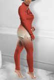 Red Casual Gradual Change Print O Neck Long Sleeve Two Pieces