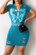 Cyan Fashion Sexy Print Ripped V Neck Short Sleeve Dress