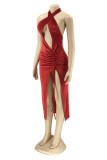 Red Fashion Sexy Solid Hollowed Out Backless Slit Halter Sleeveless Dress