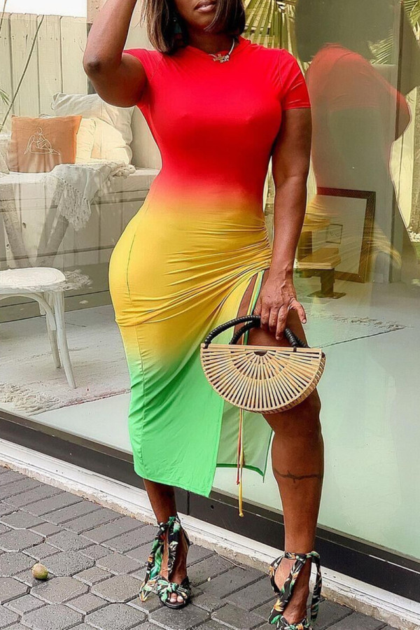 Rainbow Color Fashion Casual Print Slit O Neck Short Sleeve Dress