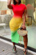 Rainbow Color Fashion Casual Print Slit O Neck Short Sleeve Dress