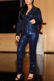 Dark Blue Sexy Striped Sequins Split Joint Turn-back Collar Long Sleeve Two Pieces