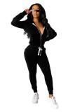 Black Fashion Street adult Patchwork Zippered Solid Two Piece Suits Straight Long Sleeve