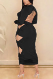 Black Sexy Solid Hollowed Out Backless Fold O Neck Pencil Skirt Dresses