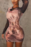 Multicolor Sexy Patchwork Tie-dye O Neck Wrapped Skirt Dresses