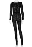 Black Sexy Patchwork Slit O Neck Skinny Jumpsuits
